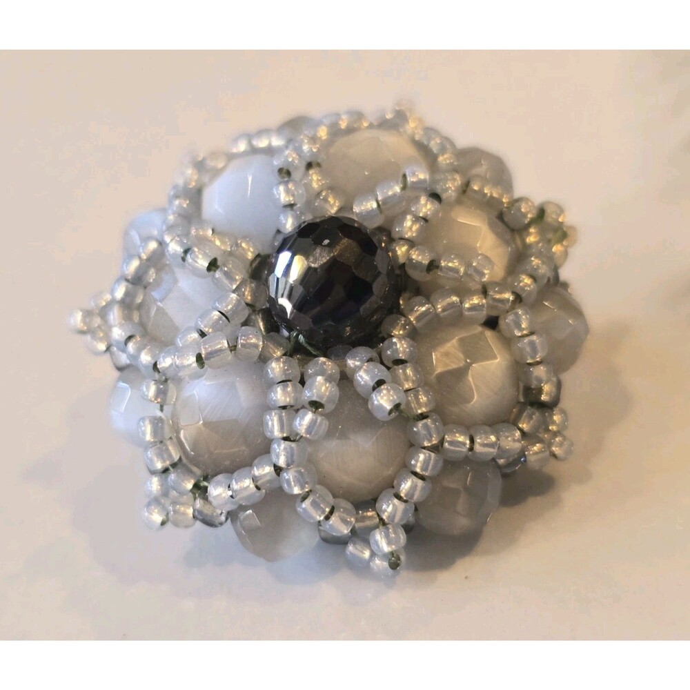 Handmade Beaded Flower Brooch Gray Black Faceted Beads Floral Pin #1144